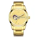 Luxury gold skeleton automatic mechanical watch for men with premium metal link band - Gold Case Gold Dial