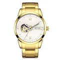 Luxury gold men's automatic mechanical watch with white skeleton dial and steel strap - Gold Case White Dial