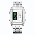 Men's square silver stainless steel watch featuring dual LED digital and analog display - Silver White