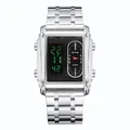Bestwin men's square dual-display watch with silver steel band and green LED - White Black