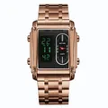 Stylish rose gold square men's digital watch with dual LED and analog quartz display - Rose Gold