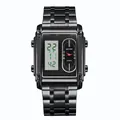 BESTWIN square men's watch with dual analog-digital display and black metal strap 100 - Black Black (White Movement)