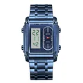 BESTWIN luxury square men's dual display quartz watch with metallic blue stainless steel band - Blue Blue (White Movement)
