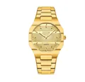 Elegant gold slim quartz wristwatch for men with metallic link strap - Gold Case Gold Dial