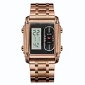 Men's BESTWIN square dual-display rose gold quartz watch with green LED digital screen - Rose Gold (White Movement)