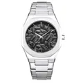 Montre à quartz élégante argentée pour hommes avec cadran noir à feuilles et bracelet en acier - Blanc Noir