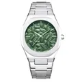 Montre quartz pour homme avec cadran à feuilles gaufrées vertes et bracelet acier - Blanc Vert