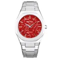 Montre à quartz BESTWIN pour hommes avec cadran à feuilles rouges et bracelet acier argenté - Blanc Rouge