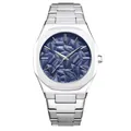 Montre à quartz pour homme avec cadran bleu motif feuilles et bracelet en acier inox - Blanc Bleu Foncé