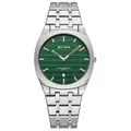 Men's ultra-thin stainless steel quartz watch with a textured green dial and date display - Silver Case Green Dial