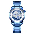 Blue stainless steel skeletal men's watch with luminous hands and mineral glass - Sapphire Blue