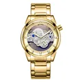 Luxurious gold men's fashion quartz watch featuring a unique hollow skeleton dial design - All Gold