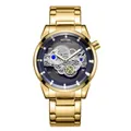 Luxury gold skeleton men's quartz watch with stainless steel link strap - Gold Black