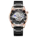 Stylish men's skeleton quartz watch with luminous hands and rose gold black metal band - Black Rose Gold