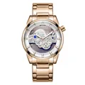 Luxury men's rose gold skeleton watch with stainless steel band and quartz movement - Rose Gold White