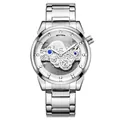 BESTWIN luxury silver men's skeleton quartz watch with luminous hands and steel strap - Silver White