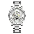 Bestwin Men's Luxury Skeleton Quartz Watch with Luminous Hands and Silver Steel Strap - Silver White Face