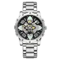 Bestwin men's silver stainless steel skeleton watch with green luminous markers - Silver Band Black Dial