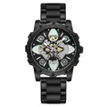 Μοντέρνο ρολόι BESTWIN skeleton για άνδρες με μαύρο μεταλλικό λουράκι και φωτεινό καντράν - Ολόμαυρο Μαύρο Καντράν
