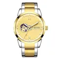 Elegant men's automatic mechanical skeleton watch with two-tone stainless steel band - Two-tone Gold Case Gold Dial