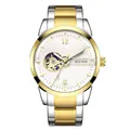 Automatic mechanical watch for men with skeleton dial and two-tone steel band - Two-tone Gold Case White Dial