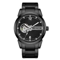 Men's automatic skeleton mechanical watch with black stainless steel band and luminous dial - Black Case Black Dial