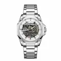 Reloj mecánico automático esqueleto para hombre en caja y pulsera de acero plateado - Plata Blanco