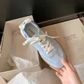 Light blue suede German training sneakers with tan rubber soles and white laces - 34 / Blue