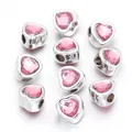 Elegant pink faceted resin heart charm beads with silver large-hole settings for DIY jewelry - Pink Heart