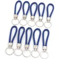 Lot de dix cordons en cuir tressé bleu avec anneaux porte-clés en métal argenté poli - 10 Pièces/Paquet (Longueur env. 11,5 cm, diamètre extérieur 30 mm) / Bleu saphir