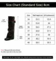 Detaillierte Größentabelle für schwarze Damen-Ritterstiefel mit Schafthöhe und Umfang. - 38 / Standard-Stiefelschaft / 8cm / Schwarz