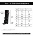 Detaillierte Größentabelle für Damen-Ritterstiefel mit Weitschaft und Umfangsmaßen. - 38 / Breiter Stiefelschaft / 8cm / Schwarz