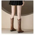 Vintage brown embroidered Western cowboy boots featuring a V-mouth and chunky mid heels - 38 / Wide Brown Knee High Boots