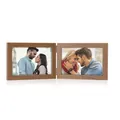 Vintage brown wood-grain folding hinged double picture frame for two 6-inch photos. - Horizontal / Beech Color