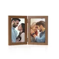 Retro folding wooden double picture frame for two 6-inch vertical photos on white desk - Vertical / Beech Color