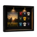 Detailed macro view of a sports jersey pin shadow box museum featuring dual LED spotlights - Black With Spotlight / 10x12 Inch (Empty Frame)