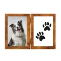 Handcrafted double hinged wooden pet memorial frame featuring dog photo and black paw prints - Retro Wood Color Vertical (Without Ink Pad) / 6 Inch