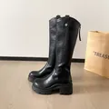 Black chunky heel platform knee-high knight boots with wrinkled leather texture - 34 / Widened Tube Single Lining / Black