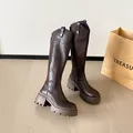 Dark brown knee-high knight boots with 7.5cm chunky platform heel - 34 / Widened Tube Single Lining / Brown