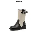 Retro patchwork Western mid-calf boots for women with buckle detail and chunky heel - 38 / Vintage Patchwork Western Boots (3518-3) / Black