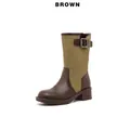 Brown vintage patchwork mid-calf western cowboy boots with decorative buckle strap - 35 / Vintage Patchwork Western Boots (3518-3) / Brown