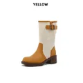 Retro patchwork western cowboy knight boot in yellow leather and beige canvas finish - 38 / Vintage Patchwork Western Boots (3518-3) / Yellow