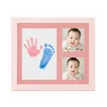 Pink baby handprint and footprint souvenir photo frame with cute infant pictures - Pink (Stone Plastic Clay + 3xCards + Stick + Instructions + 8-Color Paint + Color Box) / 28x23cm (Inner 20x25cm) / Pink