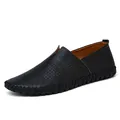 Comfortable black breathable perforated leather slip-on loafers for men with lychee texture - 38 / Hollow-out Casual Leather Style (955) / Black