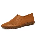 Premium brown men's breathable leather loafers featuring a perforated hollow design - 38 / Hollow Breathable Style (955) / Brown