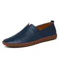 Casual navy blue men's perforated genuine leather slip-on loafers for spring and summer - 38 / Hollow Out Style (955) / Blue