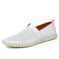 White breathable perforated genuine leather loafers for men, handmade stitch slip-on - 38 / Hollow-out Breathable Casual Leather Shoes (955) / White