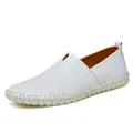 White genuine leather men's slip-on loafers with durable handmade whipstitch edge - 38 / Casual Leather Style (955) / White