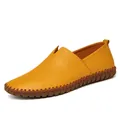 Men's yellow first-layer cowhide leather slip-on loafers with hand-stitched sole - 38 / Casual Leather Style (955) / Yellow