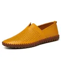 Bright yellow men's leather loafers with breathable perforated design and slip-on style - 38 / Hollow-out Casual Leather Style (955) / Yellow Hollow